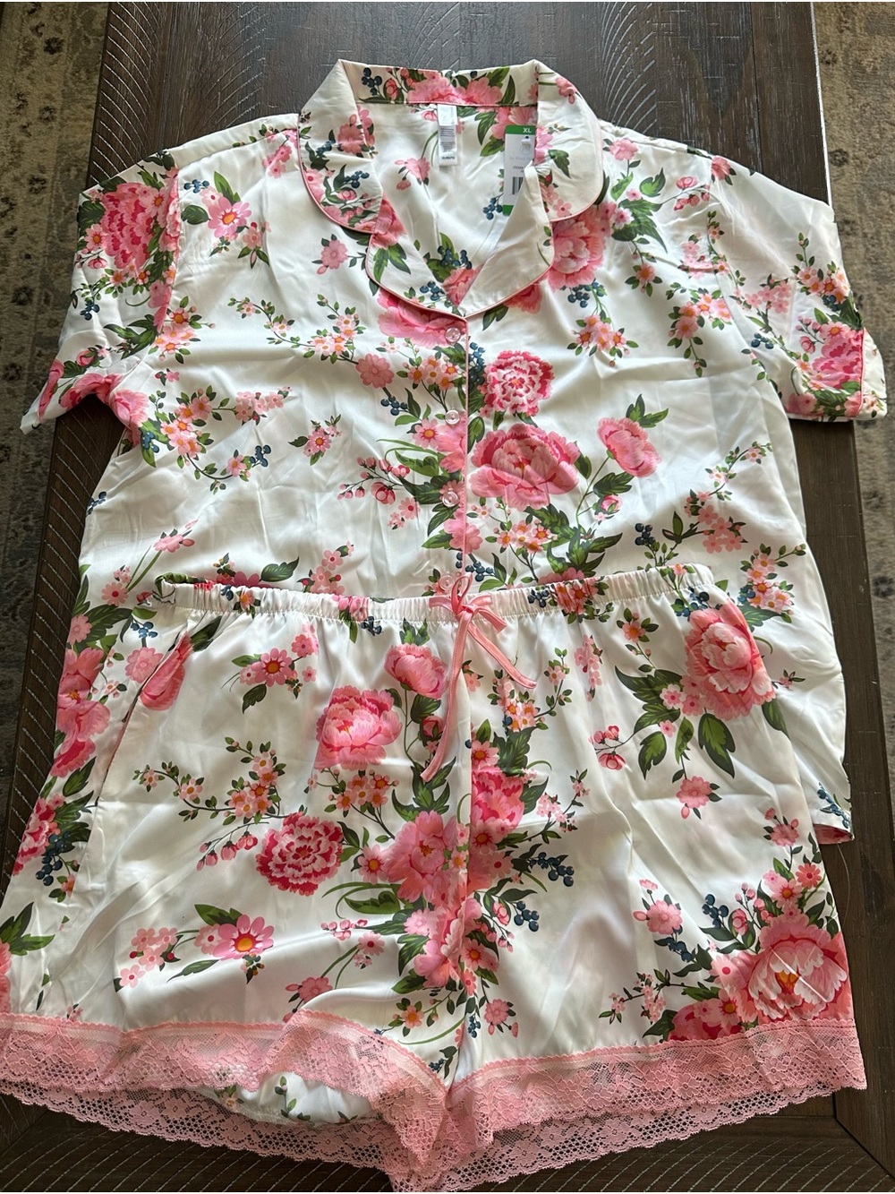 Flora Nikrooz Satin Pajama Set with Pink Floral Print - Size XL - Runs Small